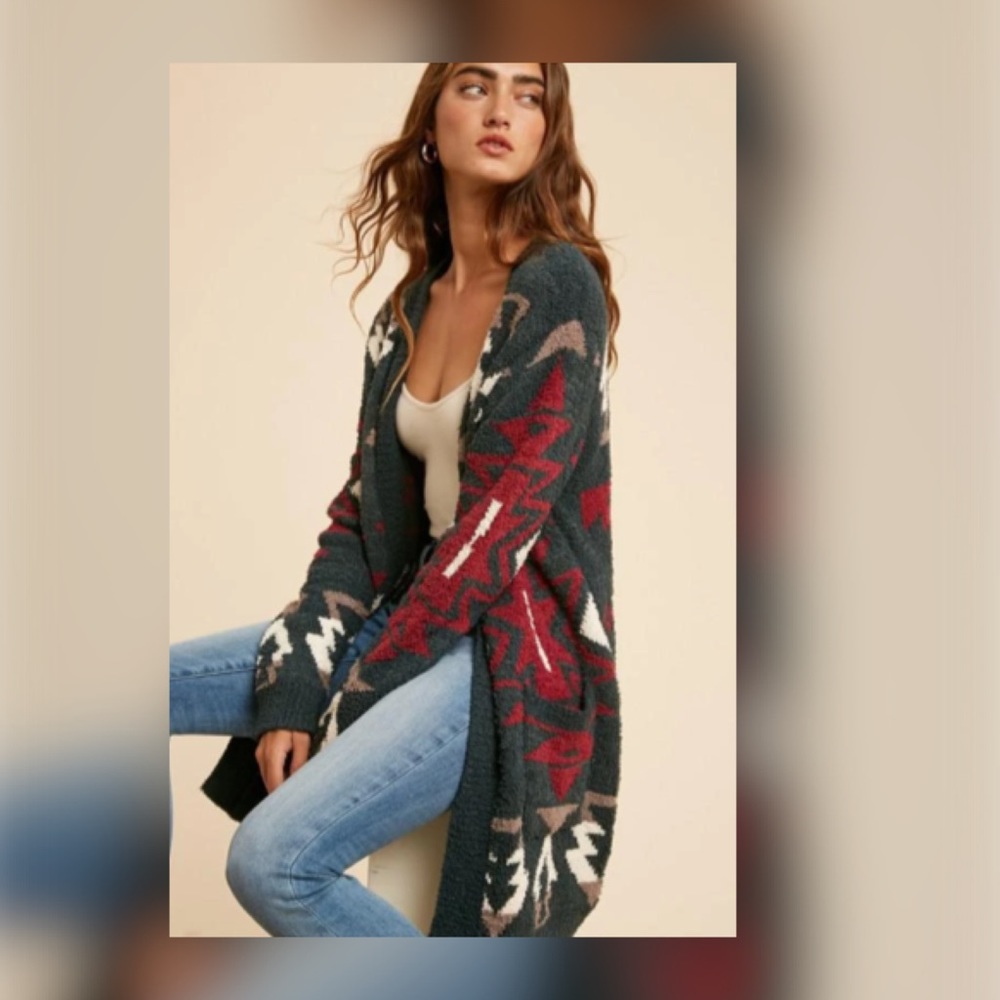 Boho Aztec Tribal Print Cardigan Color Charcoal - Picture 3 of 11